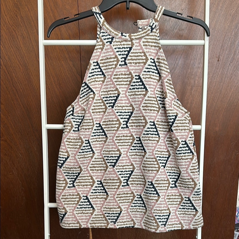EUC Anthropologie Pink Blue Cream Tan Geometric Knit Sleeveless High Neck Top XS